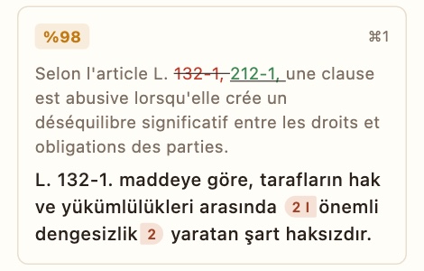 Bellek önerisi kartı: %98 eşleşme; kaynakta değişen madde numarası kırmızı üstü çizili, yenisi yeşil altı çizili; altında Türkçe çeviri.