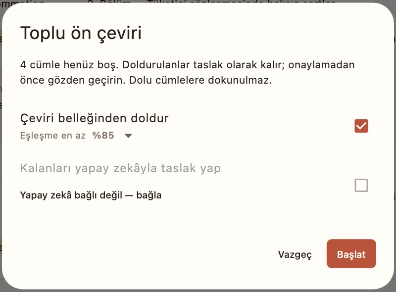 Batch pre-translation dialog: 4 sentences empty; options to fill from translation memory (match at least 85%) and to draft the rest with AI; Start button.