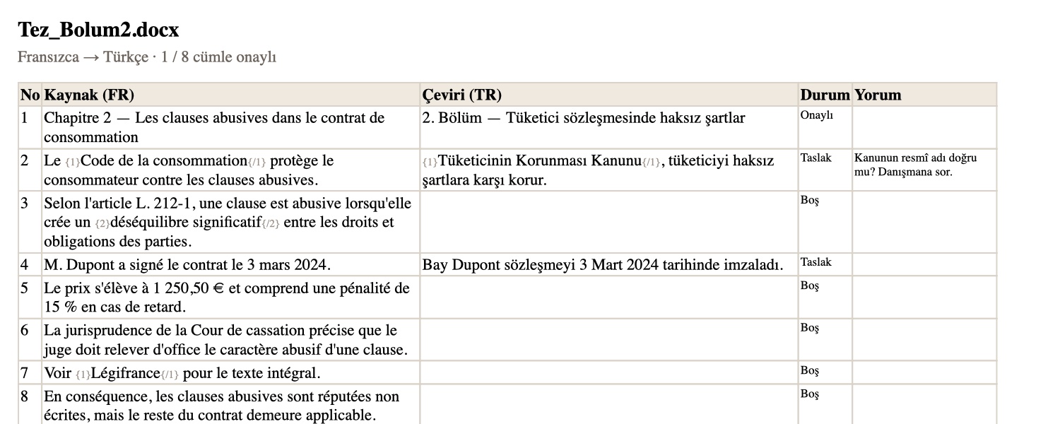 Review file in Word: a landscape table with No, Source (FR), Translation (TR), Status and Comment columns; formatting tags shown as grey {1} markers.