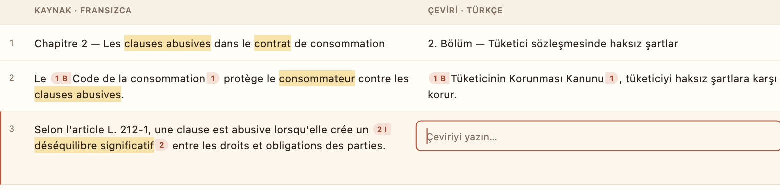 Editörden yakın görünüm: kaynakta ve çeviride aynı numaralı renkli biçim etiketleri (1 B kalın), sarıyla işaretli terimler ve onay işaretleri.